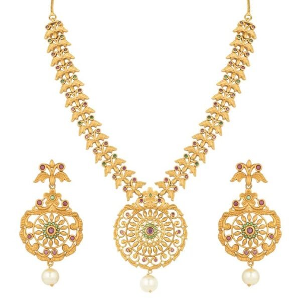 Peora Antique Finish Floral Design Crafted Round Pendant Necklace with Earrings Set Ethnic Jewelry for Indian Women Girls