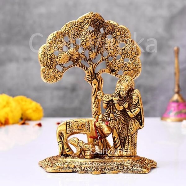 CraftVatika Radha Krishna Gift with Cow Calf Statue Murti Idol for Home Decoration